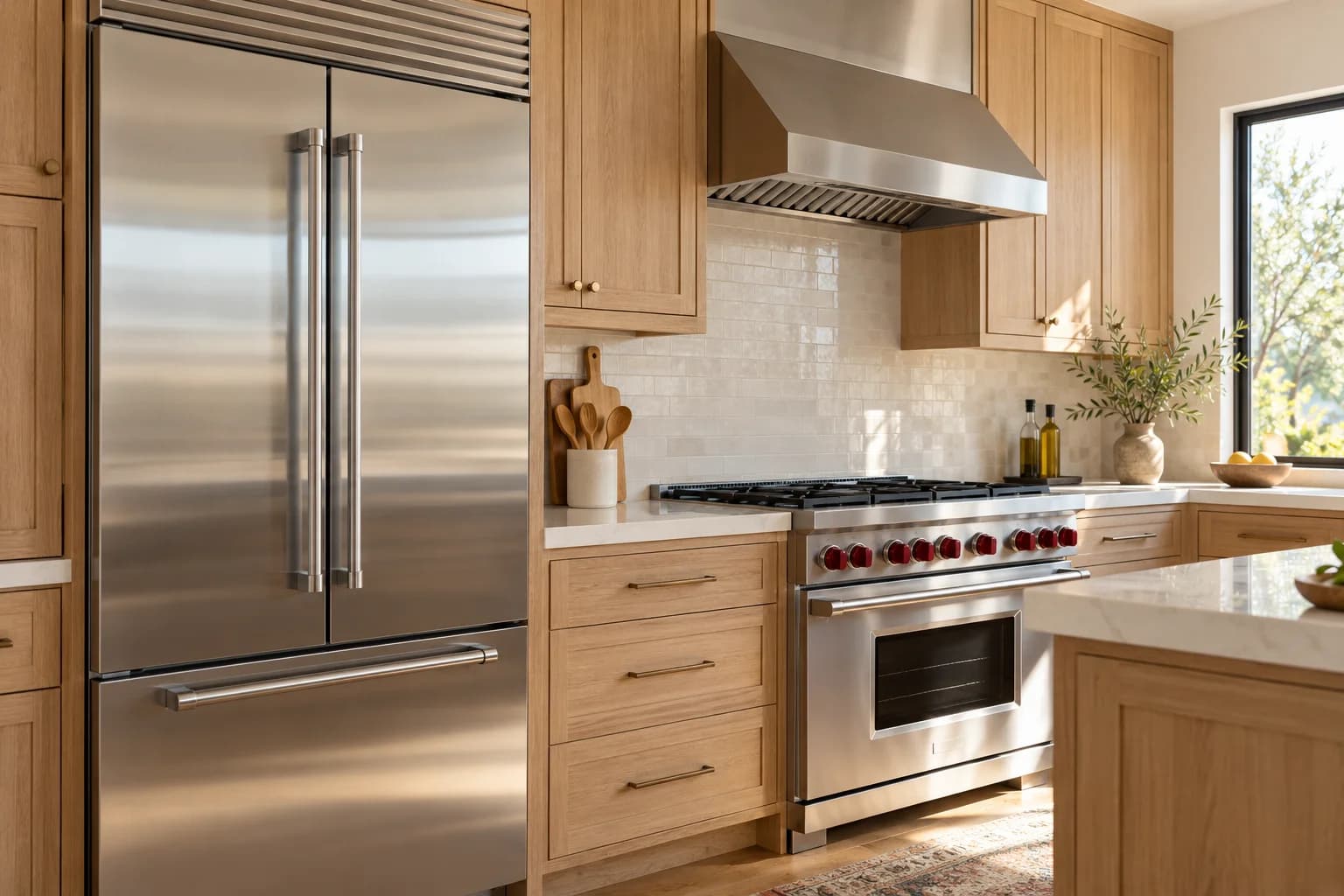 Illustrative bright kitchen with oak cabinetry and premium appliances