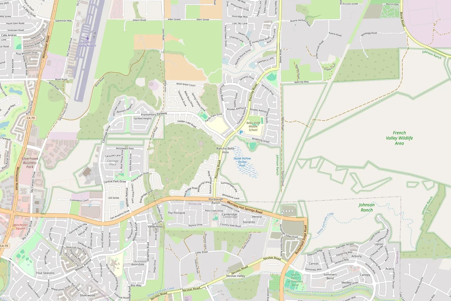 Street map of Rancho Bella Vista, around Pourroy Road and Bella Vista Middle School
