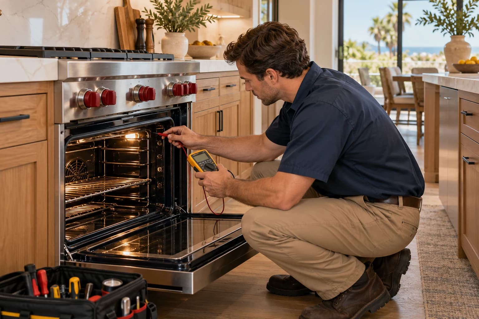 Illustrative technician diagnosing an oven in a bright kitchen